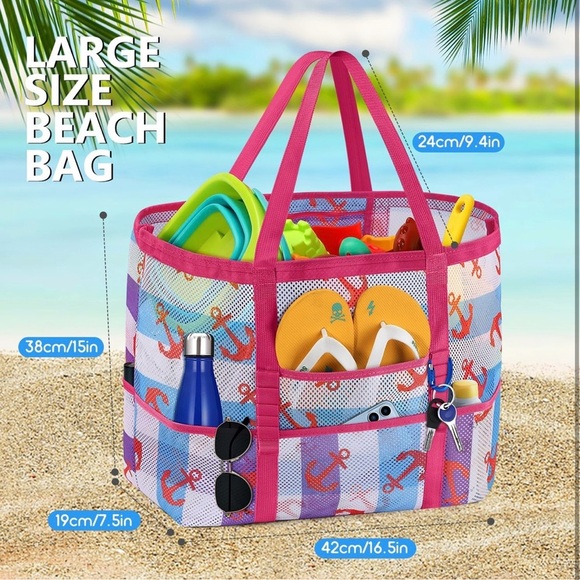 Mesh Beach Bag Tote Bag for Women, Foldable Swim Large Beach Tote Bag with Zippe - Picture 2 of 5